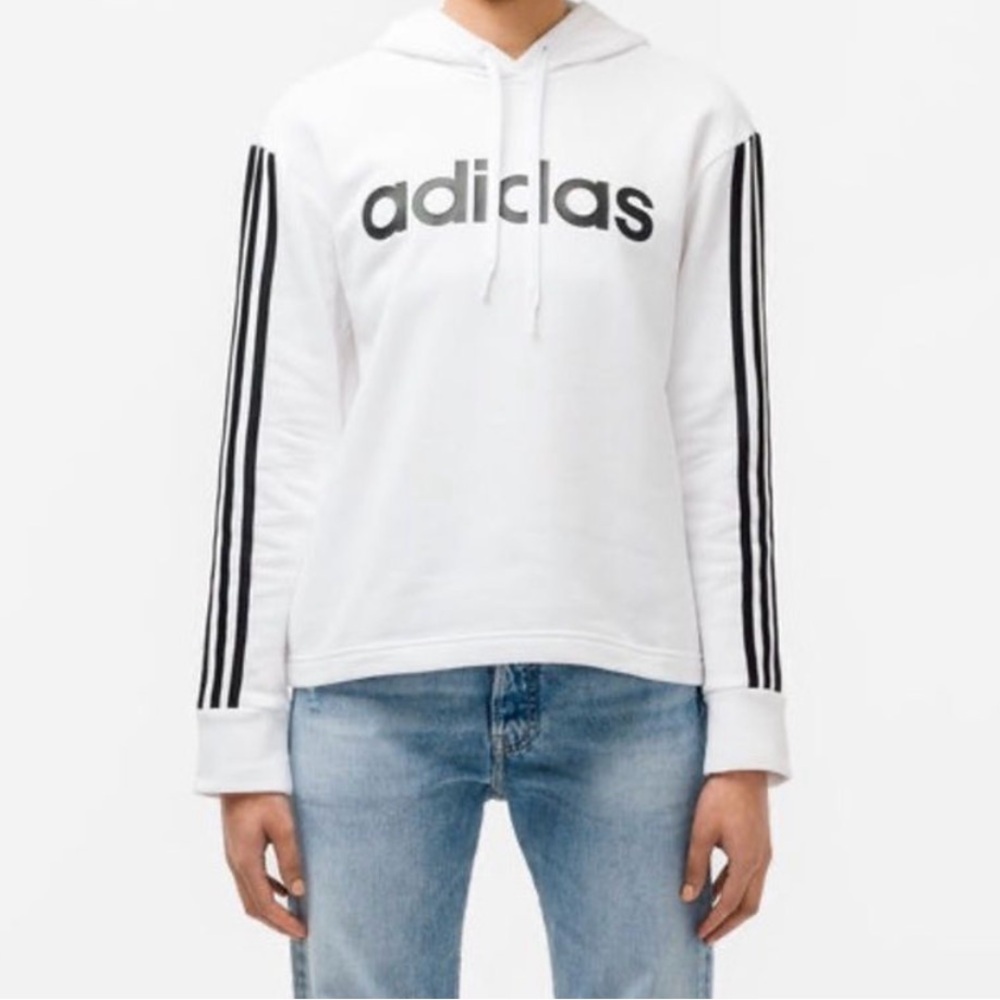 Adidas White Hoodie with Black Lettering and Stripes